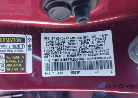 2007 Honda Civic Ex из США, поврежденный, VIN 1HGFA16867L037784